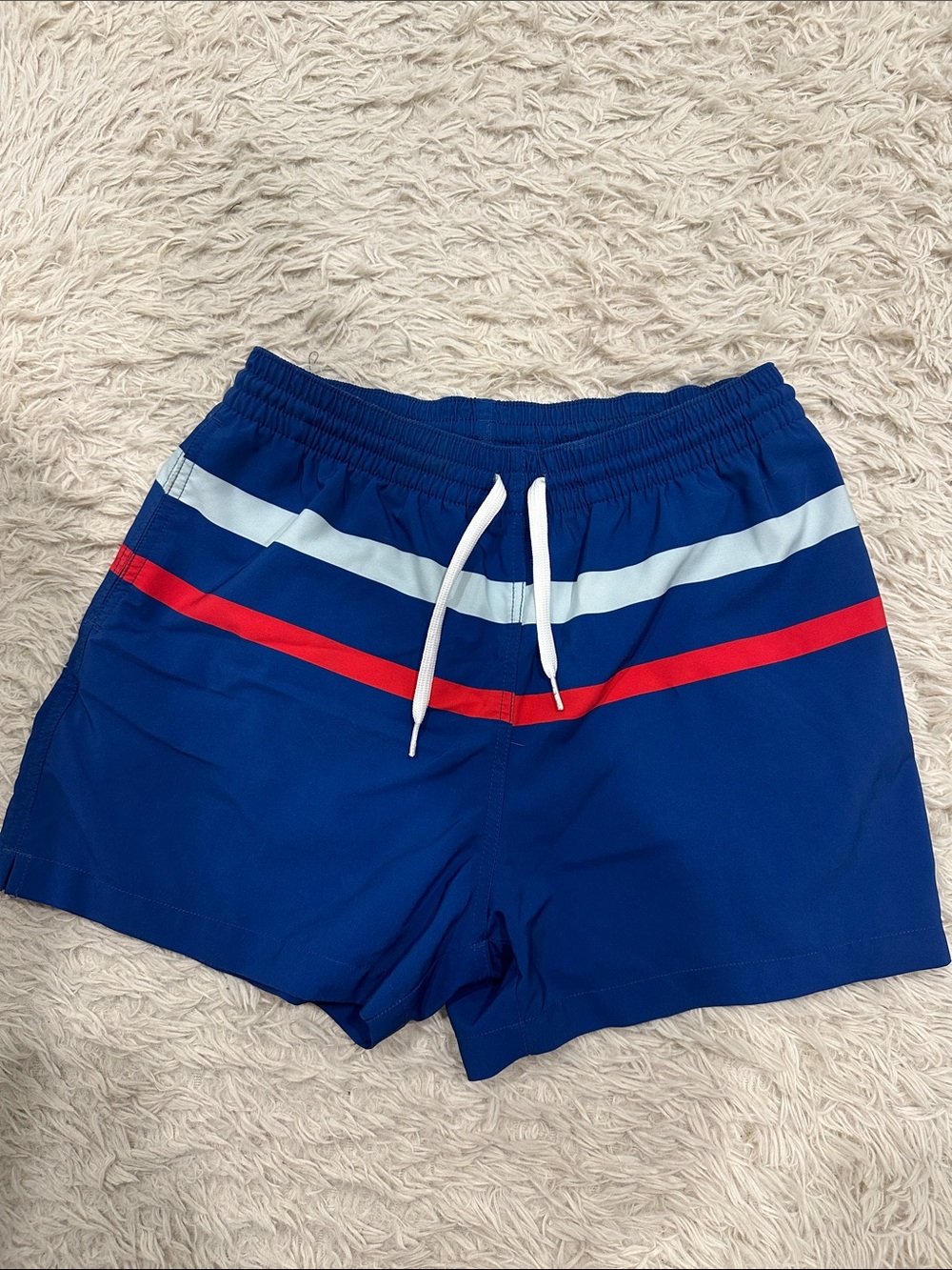 chubbies Men's Blue Swim Trunks with Red and Light Blue Stripes